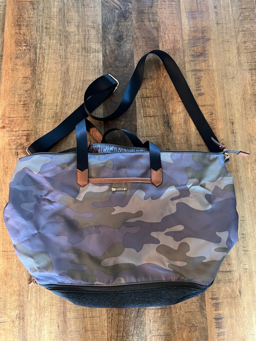Stella & Dot Camo Duffel with Black Straps and Tan Accents